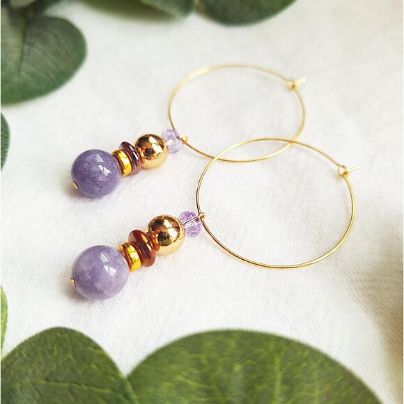 Purple Angelite Stone Hoops, Mid Century Modern Gold Hoops, Statement Earrings - Picture 6 of 10